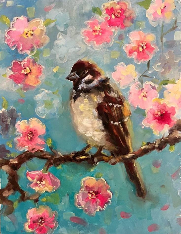 Sparrow on the Blooming Cherry